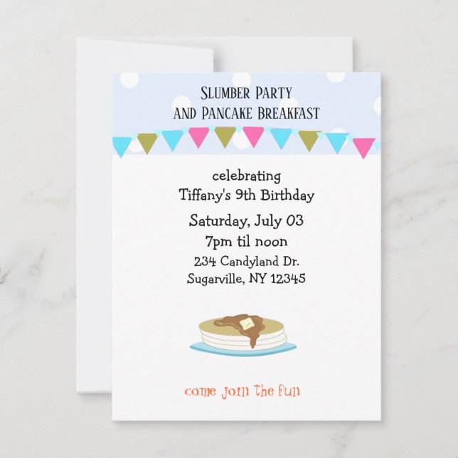 Slumber Party and Pancake Breakfast Invitation (Front)