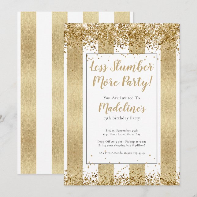 Slumber Party Gold Stripes Glitter Birthday Party Invitation (Front/Back)
