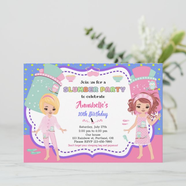 Slumber party invitation Sleepover birthday invite (Standing Front)