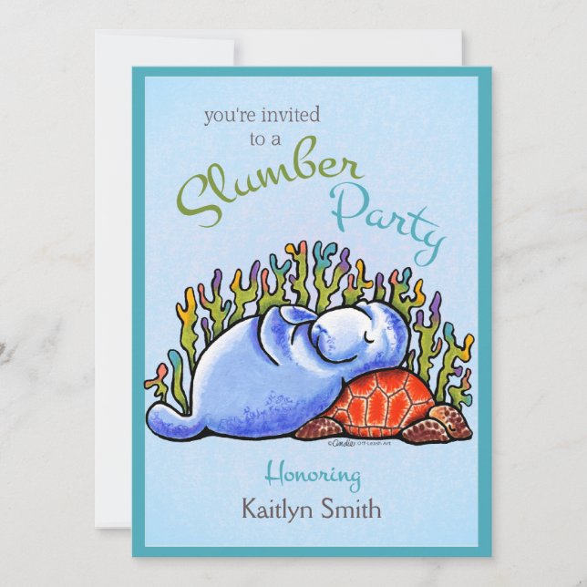 Slumber Party Manatee Turtle Off-Leash Art™ Invitation (Front)