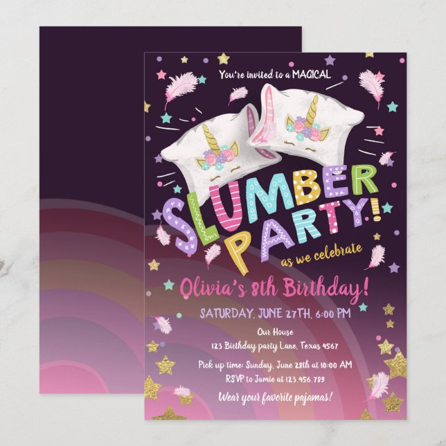 Slumber Party Pyjamas Sleepover Magical Unicorn Invitation (Front/Back)