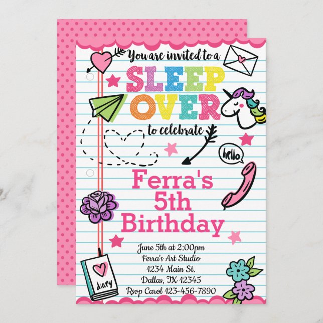 Slumber Party Sleepover Birthday Invitation Invite (Front/Back)