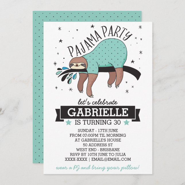 Slumber Party Sloth Invitation (Front/Back)