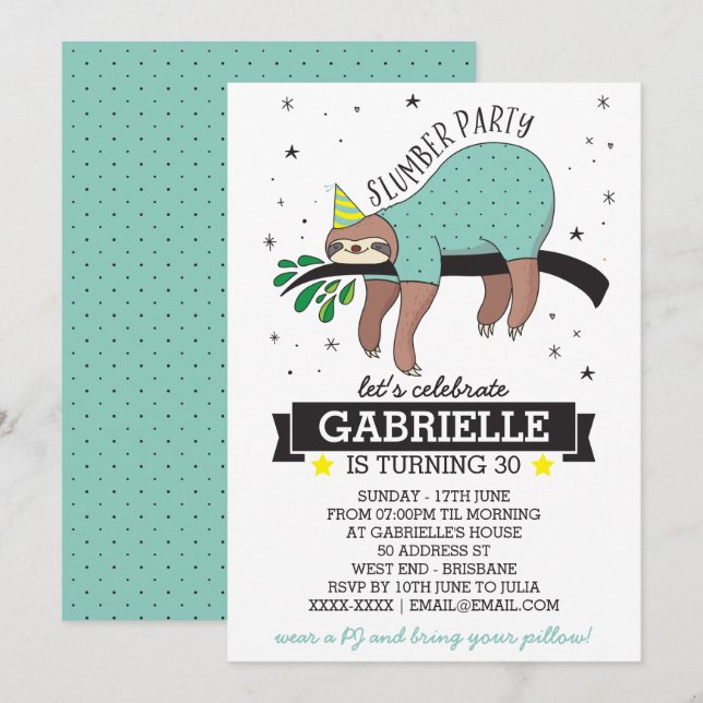 Slumber Party Sloth Invitation (Front/Back)