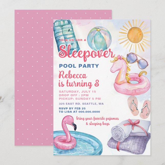 Slumber Pool Party Pink Girl Tween Teen Birthday  Invitation (Front/Back)