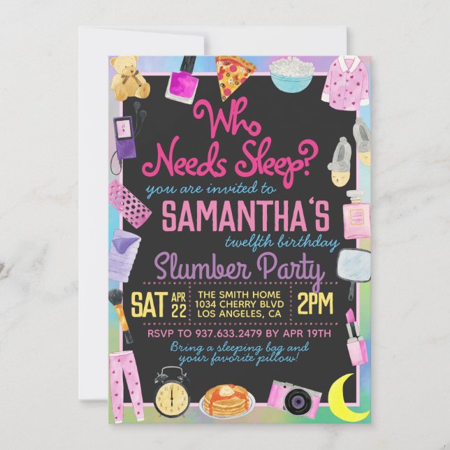 Slumber Sleepover Who Needs Sleep? Invitation (Front)