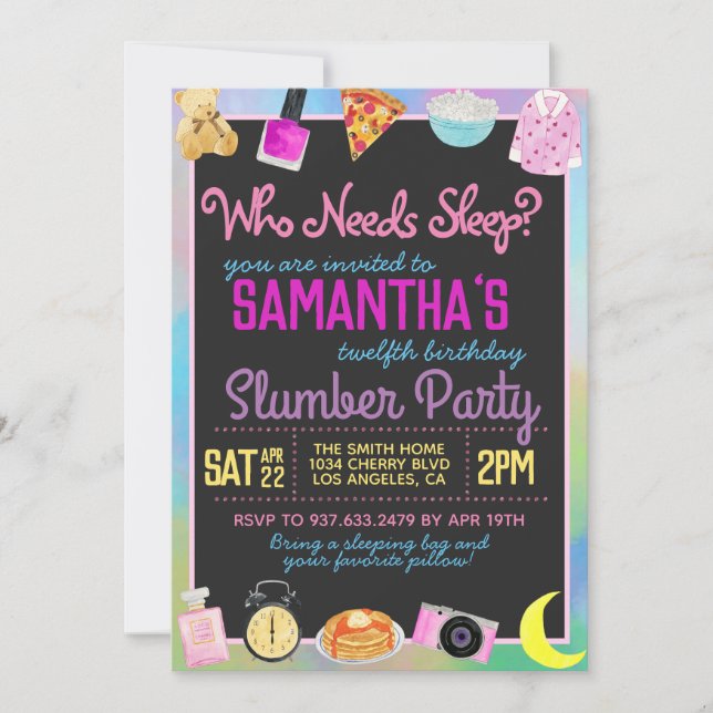 Slumber Sleepover Who Needs Sleep? Invitation (Front)