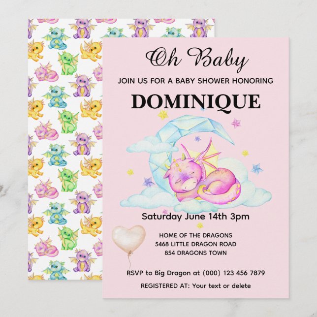 Slumbering Dragon On Pink - Baby Shower Invitation (Front/Back)