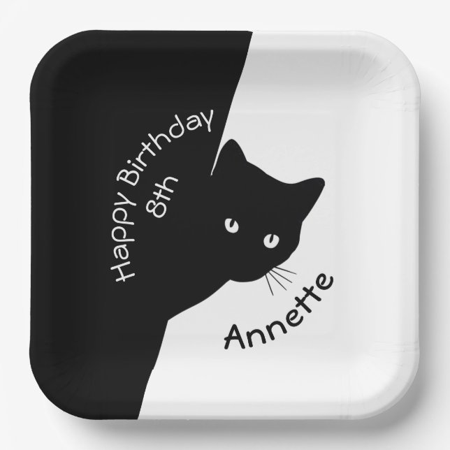 Sly Black Cat Happy Birthday Year and Name Paper Plate (Front)