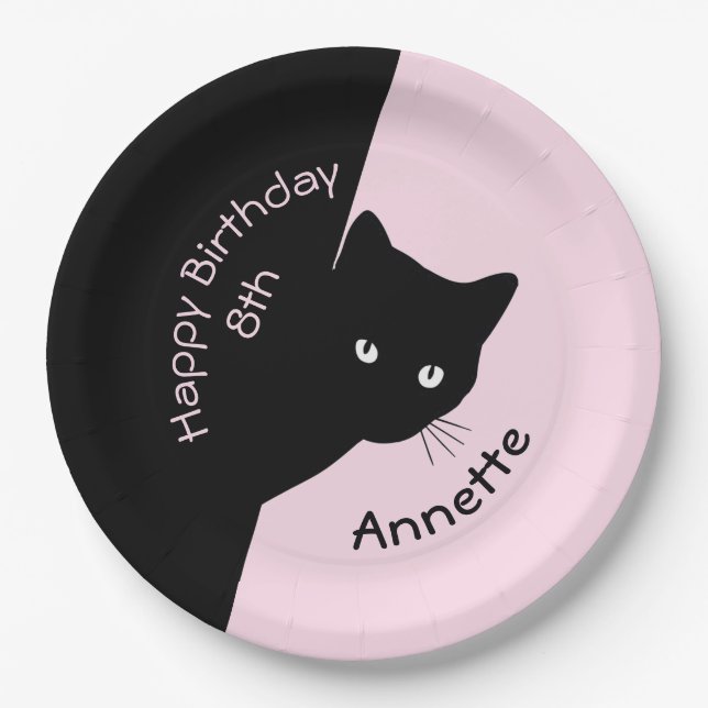 Sly Black Cat Happy Birthday Year and Name Pink Pa Paper Plate (Front)