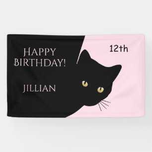 Sly Black Cat Pink Happy Birthday, Age and  Name Banner
