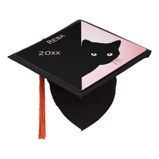 Sly Black Cat Pink Name and Year Graduation Cap Topper (Angled)