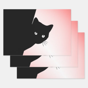 Sly Black Cat Pink Wrapping Paper Sheet