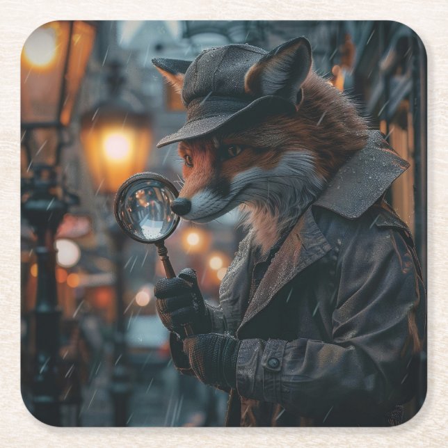 Sly fox detective in a noir setting square paper coaster (Front)