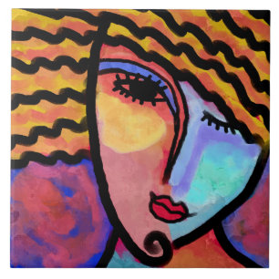 Sly Grin Abstract Digital Painting of a Woman Tile