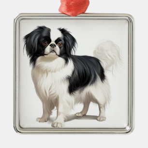 SMALL ADORABLE BLACK AND WHITE JAPANESE CHIN DOG METAL ORNAMENT