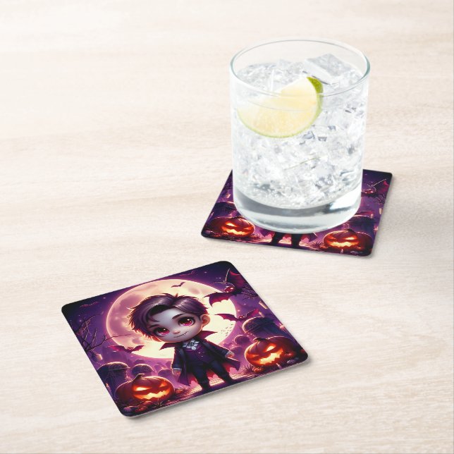 Small Adorable Vampire Under Full Moon Square Paper Coaster (Insitu)