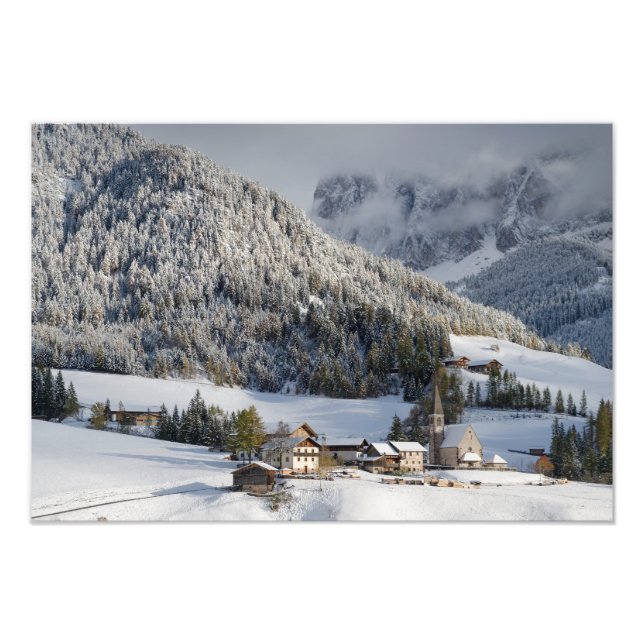Small alpine village in the snow photo print (Front)