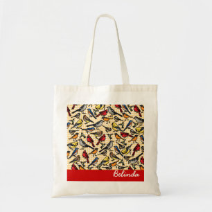 Small Backyard Birds on Gingham, Personalized Tote Bag