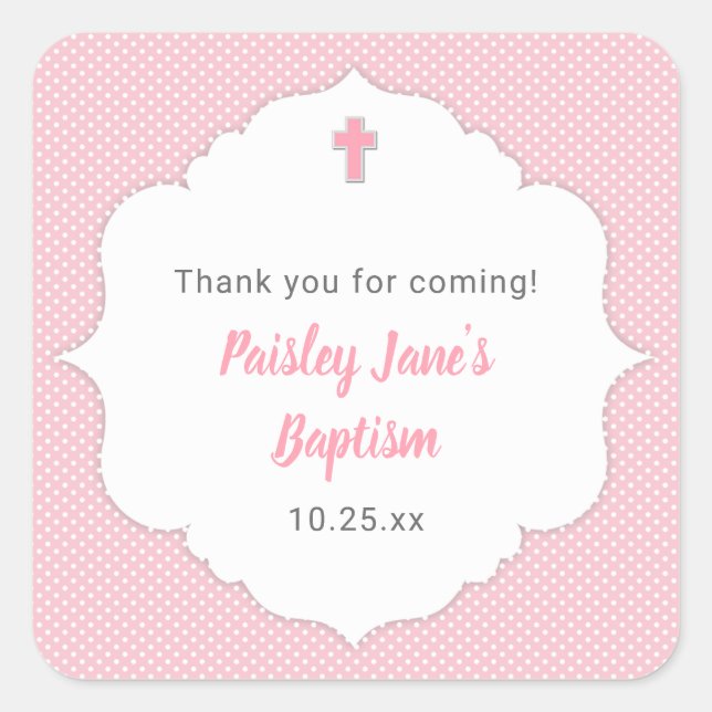 Small Baptism favour sticker, pink dot Square Sticker (Front)