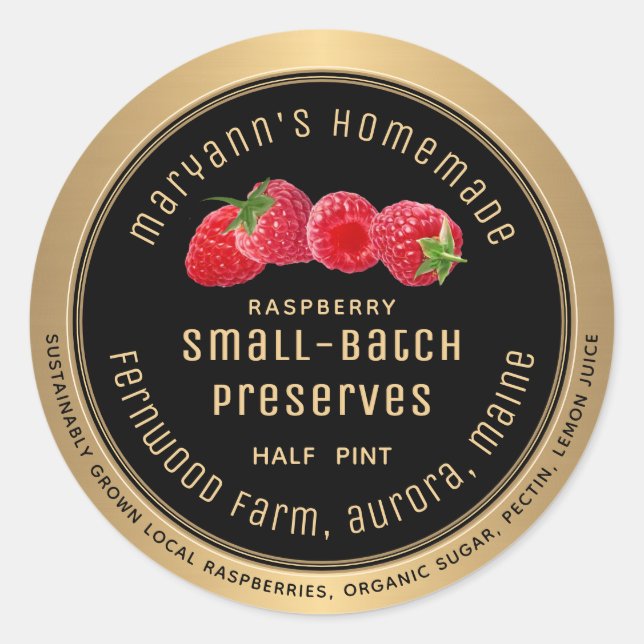 Small Batch Raspberry Preserves Metallic Gold Clas Classic Round Sticker (Front)