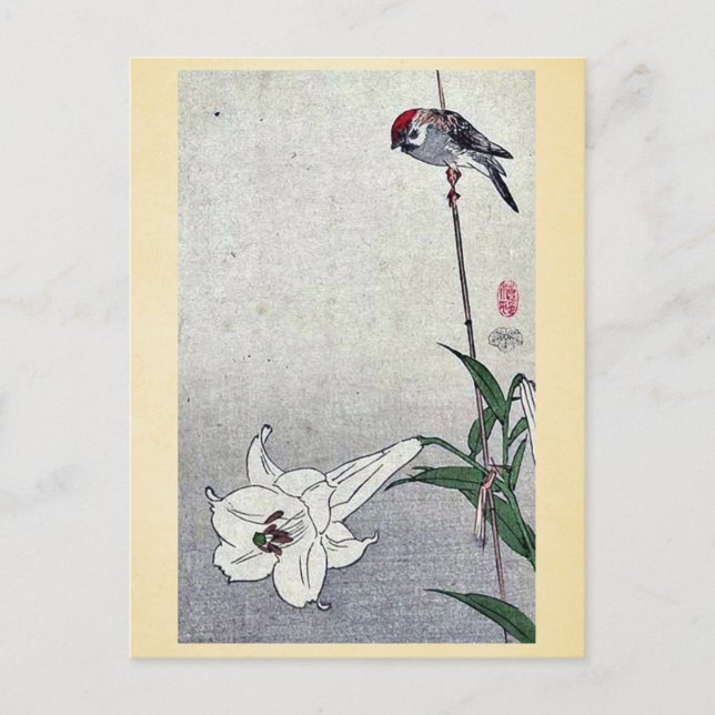 Small bird on lily plant by Baison, Ukiyoe Postcard (Front)
