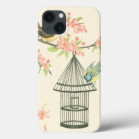 Small Birds Perched on a Branch and on a Birdcage