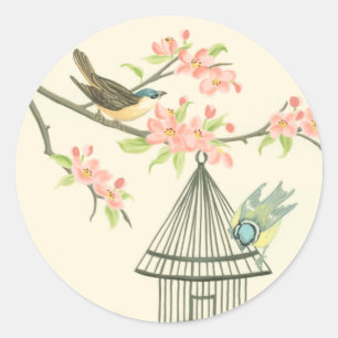 Small Birds Perched on a Branch and on a Birdcage Classic Round Sticker