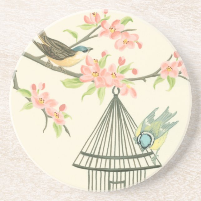 Small Birds Perched on a Branch and on a Birdcage Coaster (Front)