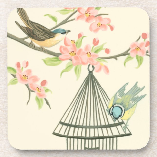 Small Birds Perched on a Branch and on a Birdcage Coaster (Front)
