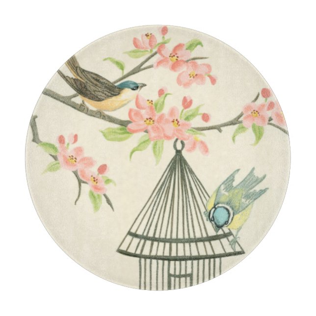 Small Birds Perched on a Branch and on a Birdcage Cutting Board (Front)