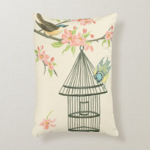 Small Birds Perched on a Branch and on a Birdcage Decorative Pillow