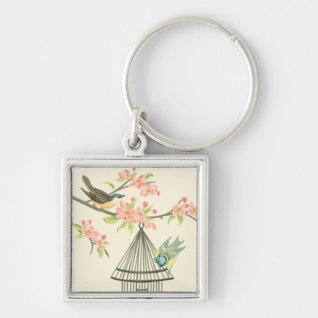 Small Birds Perched on a Branch and on a Birdcage Keychain (Front)