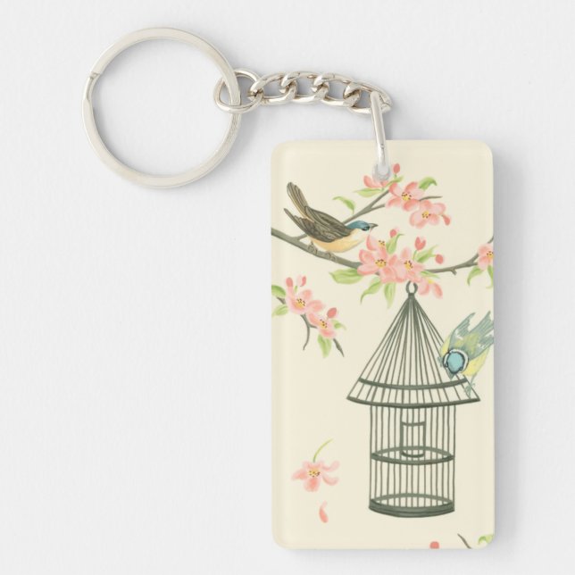Small Birds Perched on a Branch and on a Birdcage Keychain (Front)