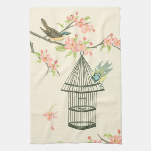Small Birds Perched on a Branch and on a Birdcage Kitchen Towel