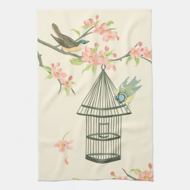 Small Birds Perched on a Branch and on a Birdcage Kitchen Towel (Vertical)