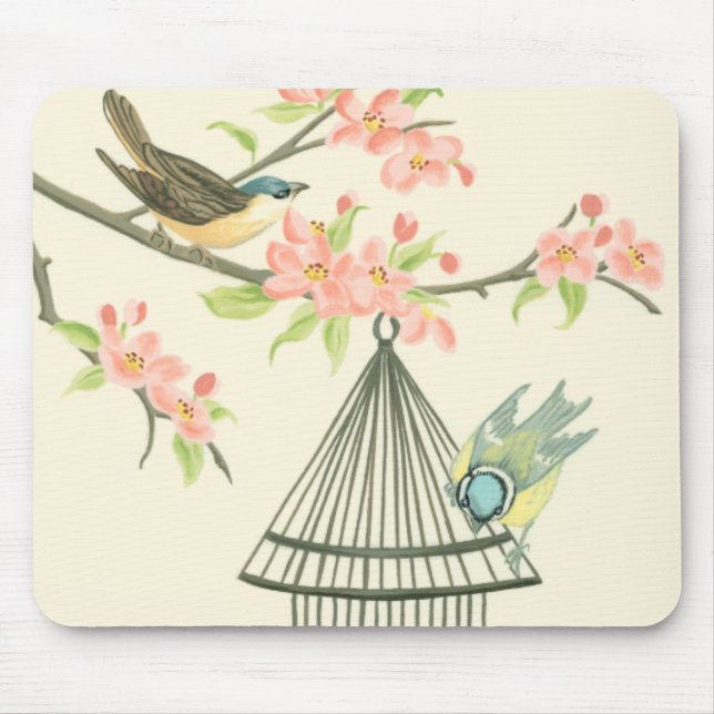 Small Birds Perched on a Branch and on a Birdcage Mouse Pad (Front)