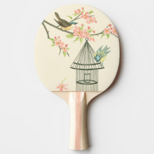 Small Birds Perched on a Branch and on a Birdcage Ping Pong Paddle