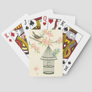Small Birds Perched on a Branch and on a Birdcage Playing Cards