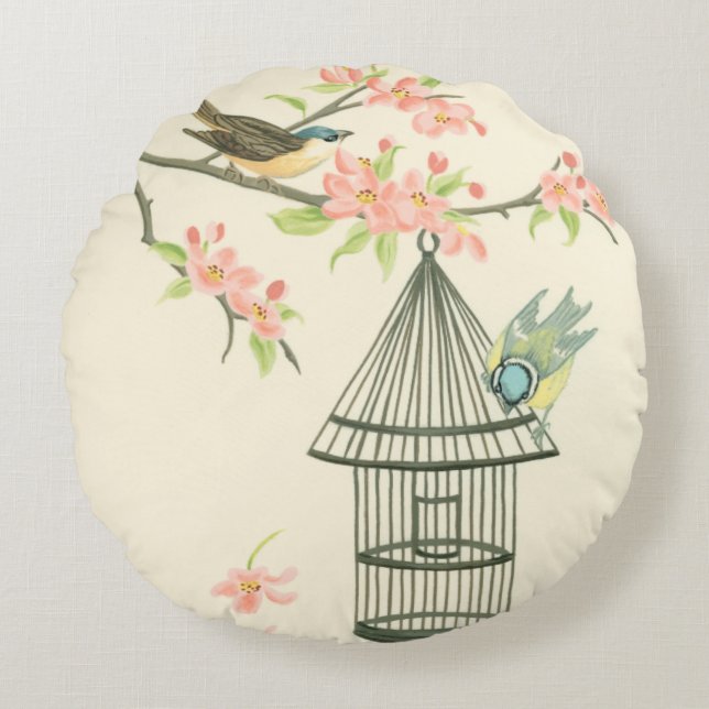Small Birds Perched on a Branch and on a Birdcage Round Pillow (Front)
