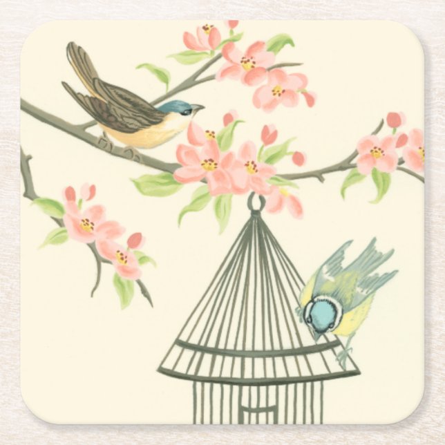 Small Birds Perched on a Branch and on a Birdcage Square Paper Coaster (Front)