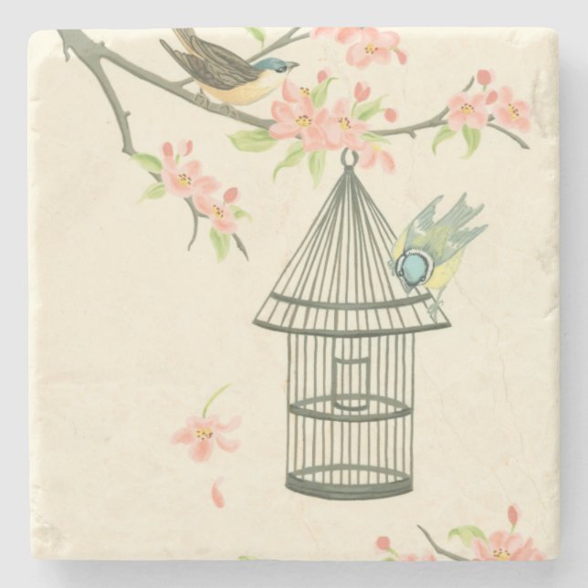 Small Birds Perched on a Branch and on a Birdcage Stone Coaster (Front)