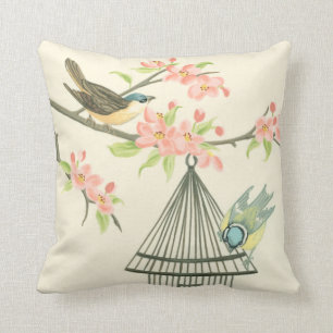 Small Birds Perched on a Branch and on a Birdcage Throw Pillow