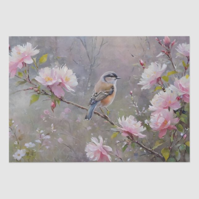 Small Birds with Blossoming Flowers Decoupage Tissue Paper (Front)