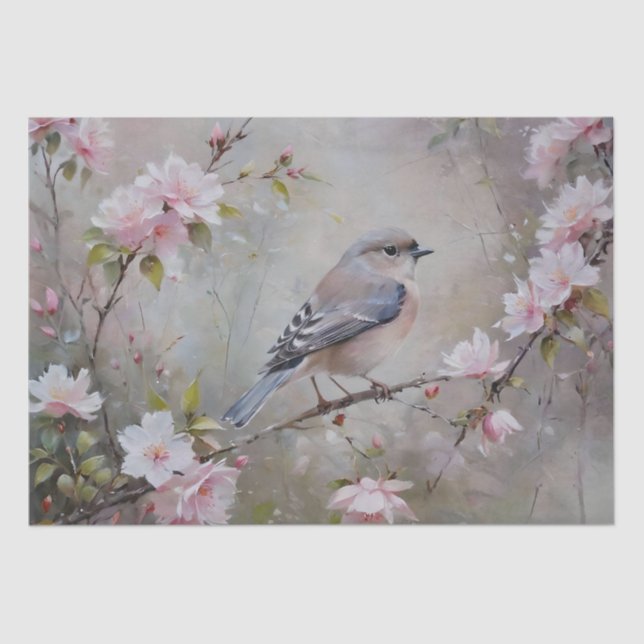 Small Birds with Blossoming Flowers Decoupage Tissue Paper (Front)