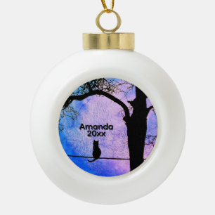 Small Black Cat on a Wire Full Moon Name Date Ceramic Ball Christmas Ornament