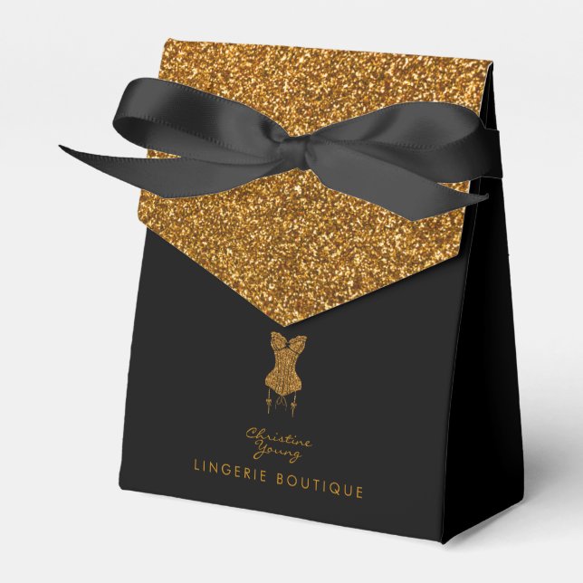 Small Black Favour Box With Gold Glitter Logo (Front Side)