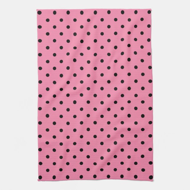 Small Black Polka Dots on hot pink Kitchen Towel (Vertical)