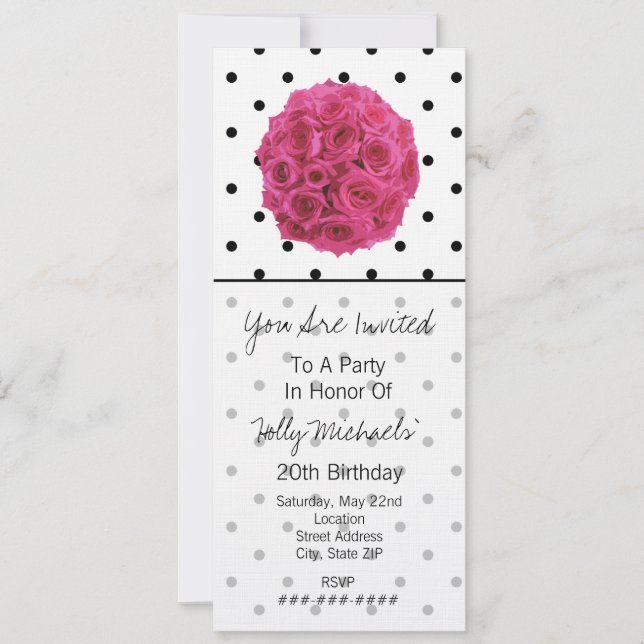 Small Black Polka Dots / Roses Party Invitation (Front)