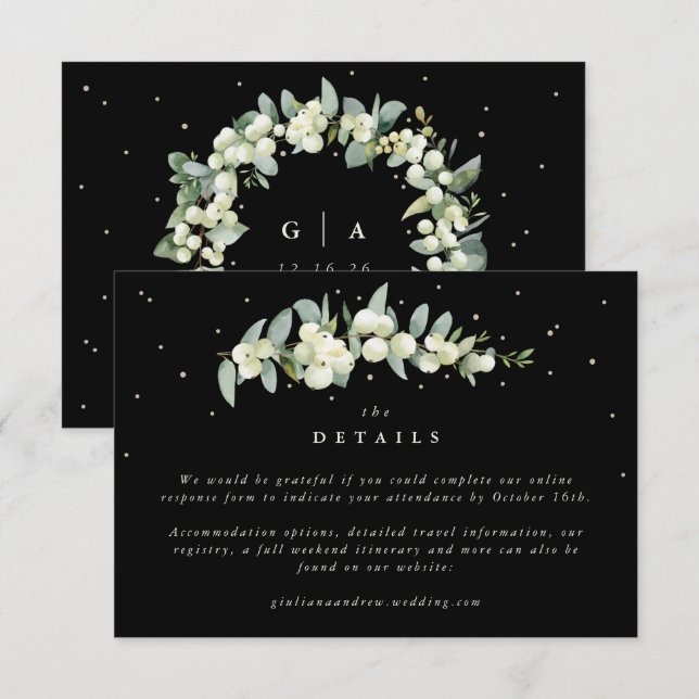 Small Black Snowberry+Eucalyptus Wedding Details Enclosure Card (Front/Back)